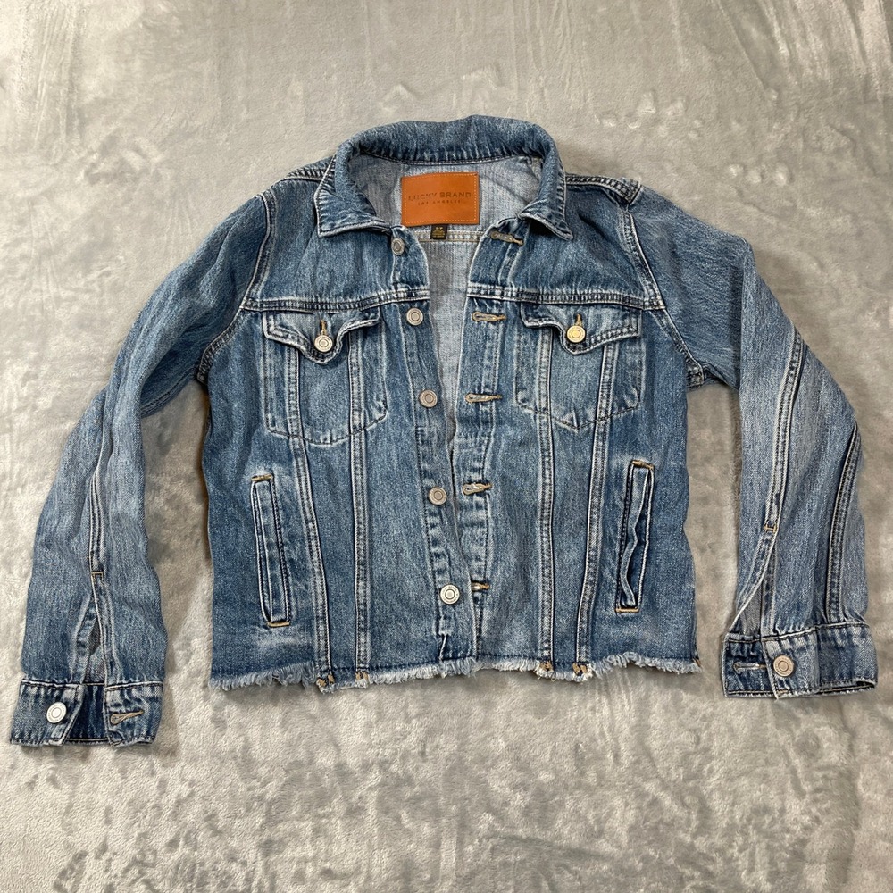 Lucky Brand Womens Medium Wash Denim Trucker Jacket Raw Hem Blue Small S/P